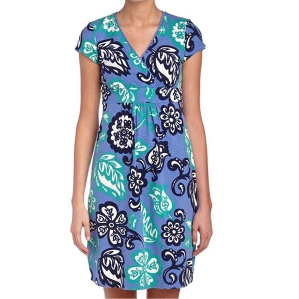 Boden Perriwinkle Floral V-Neck Wrap Dress Green short sleeve pockets 4 LONG
